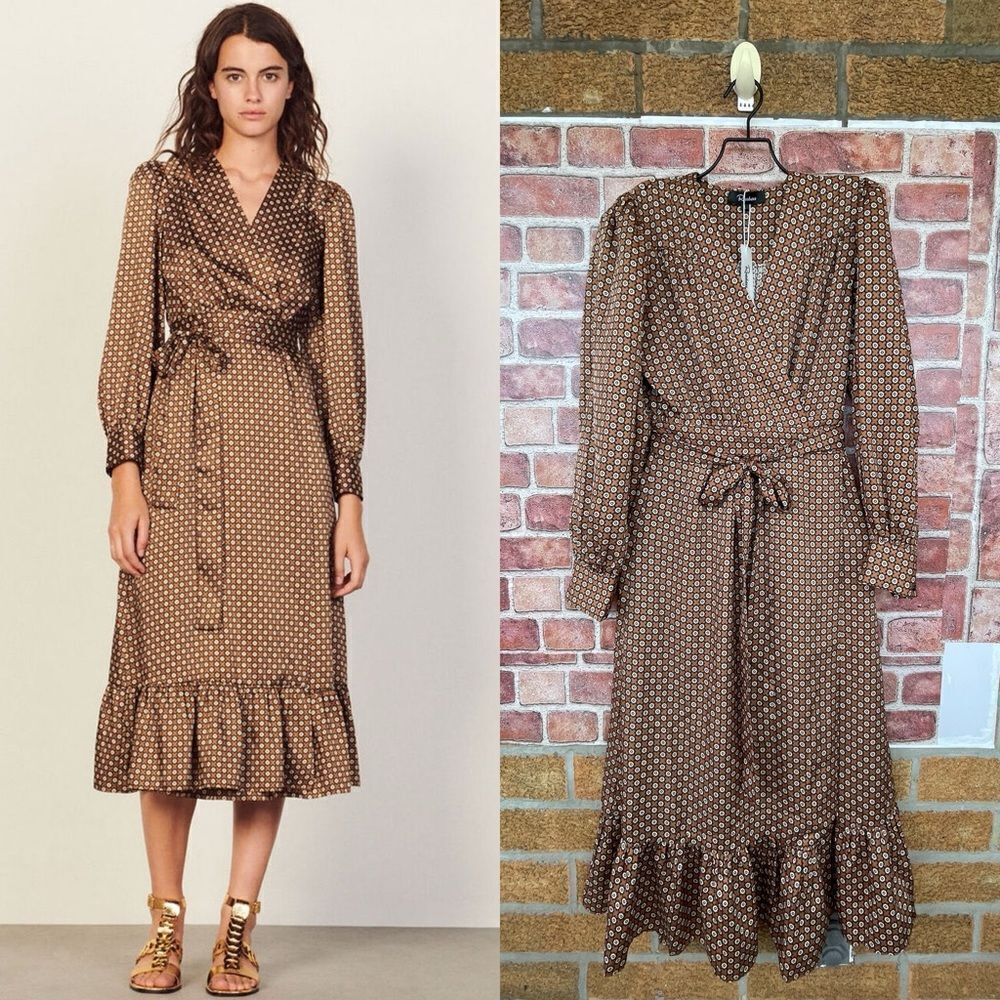 ROSEDRESS VINTAGE FLORAL PRINTED LONG SLEEVE RUFFLE WRAP MIDI DRESS - COFFEE L